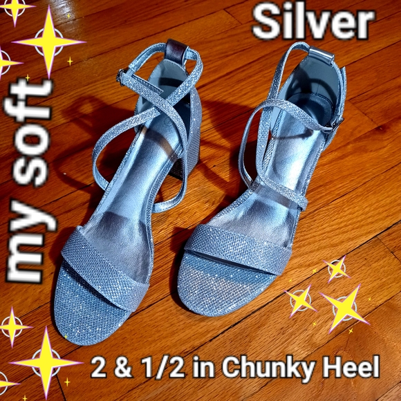 my soft Shoes - Silver Strappy Chunky Heel Sandals